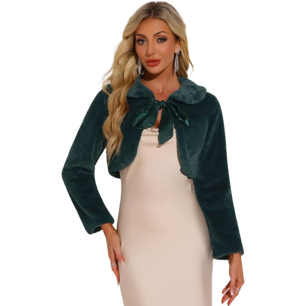 Elegant Women's Dark Green Faux Fur Bolero Shrug Crop Jacket - Bow Tie Closure